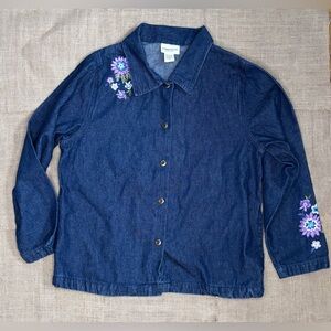Vermont Country Store Jean Denim Shirt Floral Embroidery Medium Chore Farm Core